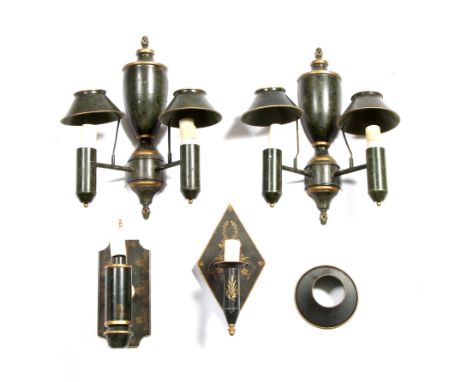 A PAIR OF FAUX MARBLE AND PARCEL GILT TOLEWARE TWO BRANCH WALL LIGHTS, each with a half round urn finial and with conical sha