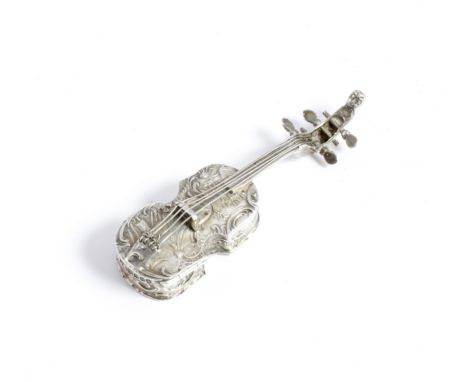 AN ANTIQUE CONTINENTAL SILVER PILL BOX in the form of a cello with oriental decoration, with import marks for London 1902, 9c