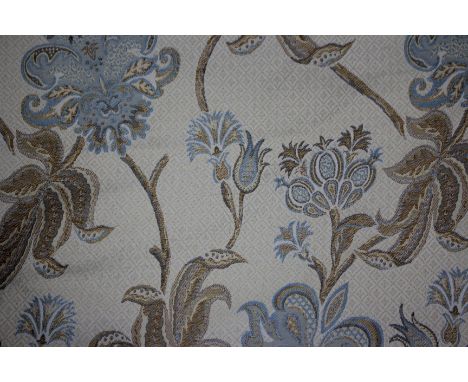 A PAIR OF CREAM GROUND CURTAINS with scrolling acanthus decoration interspersed with cornflowers, each curtain approximately 