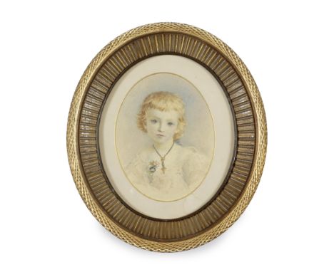 A 19TH CENTURY ENGLISH SCHOOL WATERCOLOUR head and shoulder portrait of a young girl with golden hair, indistinctly signed an