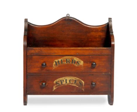 A 19TH CENTURY MAHOGANY HANGING SHELF with two drawers beneath with turned knob handles, one labelled 'HERBS', the other 'SPI