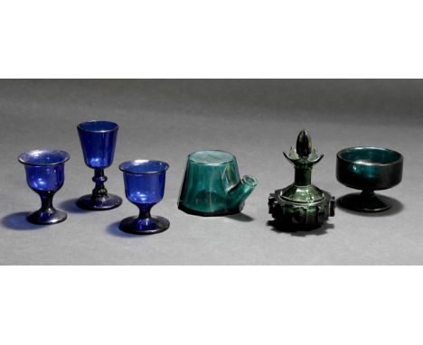 A 19TH CENTURY FACETED GREEN GLASS INKWELL 5.5cm high together with a small green glass salt, three small blue drinking glass