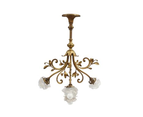 A FRENCH GILT METAL FOUR LIGHT ELECTROLIER or ceiling lamp with three scrolling branches and glass flower head light shades a