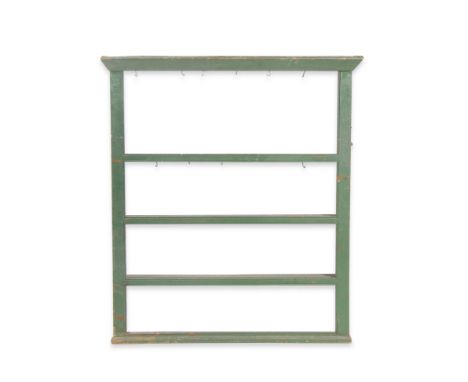 AN OLD GREEN PAINTED PINE FOUR SHELF PLATE RACK with moulded cornice 117.5cm wide x 134cm high 