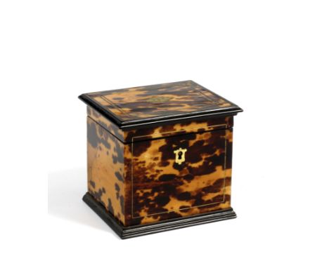 A 19TH CENTURY TORTOISESHELL TEA CADDY with brass stringing and ebony mouldings to the edges, the lid opening to reveal a lid
