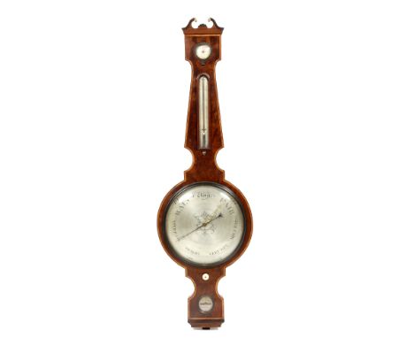 A 19TH CENTURY MAHOGANY DIAL BAROMETER with satinwood crossbanding and ebony and boxwood stringing to the border of the case 