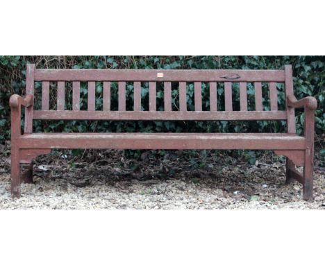 AN OLD PAINTED WOODEN GARDEN BENCH with a slatted back and seat 180cm wide 