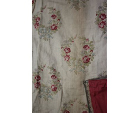 A PAIR OF 19TH  CENTURY FRENCH LINEN CURTAINS decorated with posies of flowers and with a decorative braid down each edge app