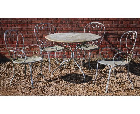 A CIRCULAR LIGHT BLUE PAINTED WROUGHT IRON GARDEN TABLE with pierced top and scrolling support 96.5cm diameter together with 