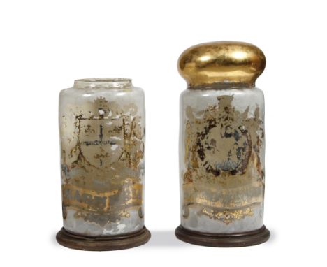 A PAIR OF VICTORIAN GLASS LARGE CHEMISTS DISPLAY JARS, gilt decorated with armorials and with banner titles for 'Magnesia' an