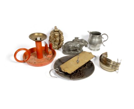 A VICTORIAN HINGED KITCHEN MOULD in the form of a rabbit, 23cm long; a 19th century pewter jug; a Salter spring balance; a pa