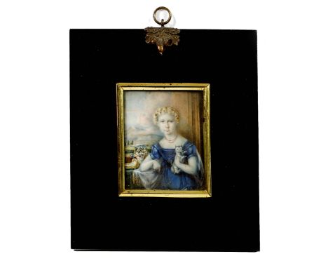 A 19TH CENTURY PORTRAIT MINIATURE of a young girl with a cat, painted on ivory, 8cm x 7cm within an ebonised frame