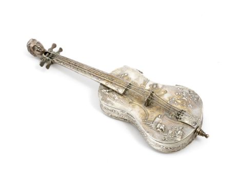 AN EARLY 20TH CENTURY DUTCH SILVER BOX in the form of a cello, with figural and scrolling decoration with Theodore Hartmann i