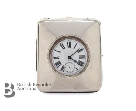 Chrome plate 8-day Goliath pocket watch, having a white enamel face with Roman dial and subsidiary second dial, housed in a s