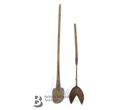 Vintage French long handled bakery shovels, including a wood one, approx 171 cms and a wrought iron example with a wooden han