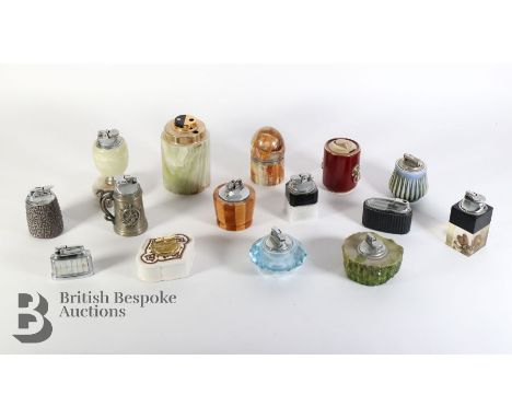 Three trays of vintage table lighters, including Ronson, Colibri, Wedgwood, turned wood examples, bone china examples and cut