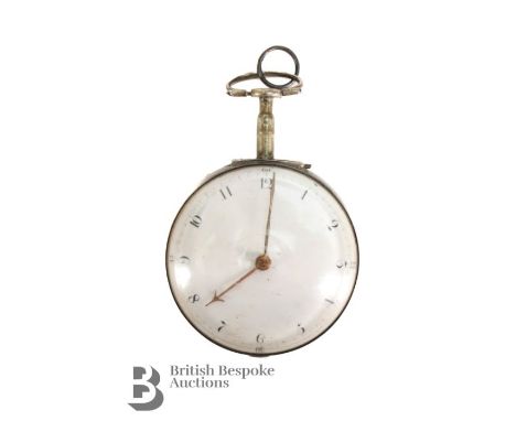 George III silver pair-cased pocket watch. The watch having a white enamel 44mm face with Arabic dial, gold minute and hour h