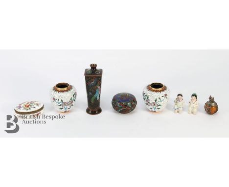 Selection of Chinese cloisonne, including a small bowl and cover decorated with a dragon 6.5 cms diameter, two small vases wi