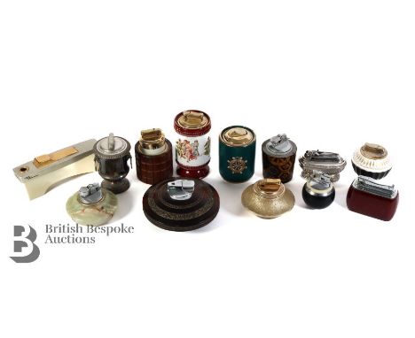 Two trays of vintage table lighters, including Ronson, Colibri, Popell, green agate examples, Spode bone china, Limoges bone 