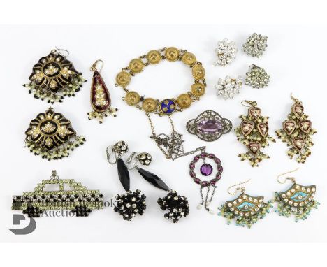 Collection of miscellaneous jewellery and earrings including enamel and white stone, amethyst and silver pendant, Christian D