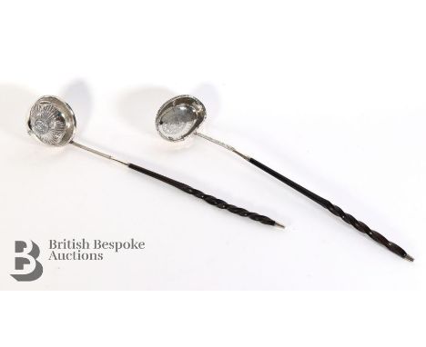 George II silver toddy ladle, set with a George II silver six pence dated 1758, no further silver marks apart from a family c