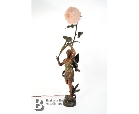 Art Nouveau style lamp, approx 35 cms h, with glass shade in the form of a torch.
