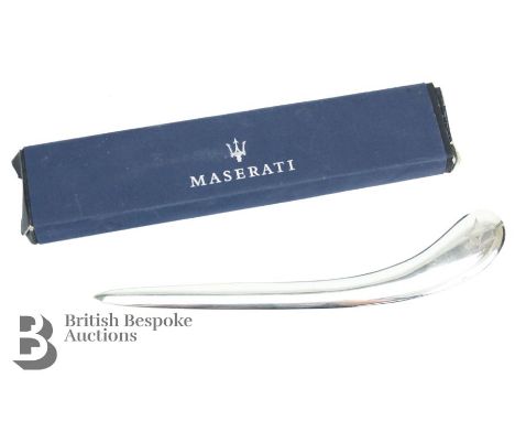 A Maserati Sports Cars showroom metal letter opener with Maserati trident logo to handle and original box, measures approx. 2