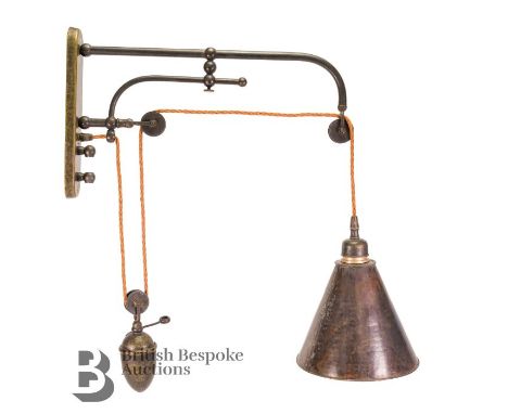 Vintage French farmhouse brass pulley wall light with counter-balance and a hammered copper shade, approx 17 x 45 cms, togeth