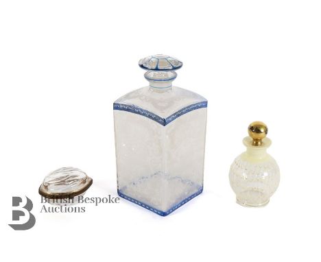 A French acid-etched and blue enamel Eau de Toilette bottle and stopper approx 21 cms h; French glass and enamel scent bottle