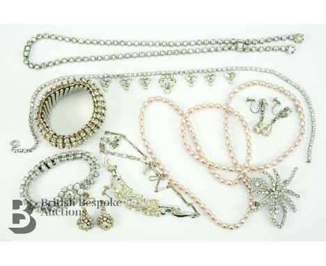 Vintage diamante jewellery including bracelets, necklaces, earrings together with a pink cultured pearl necklace.&nbsp;