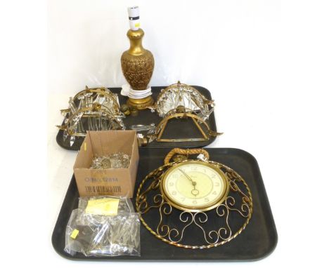 Paico wall clock, three chandelier stall wall light, table lamp We are unable to do condition reports for this sale.