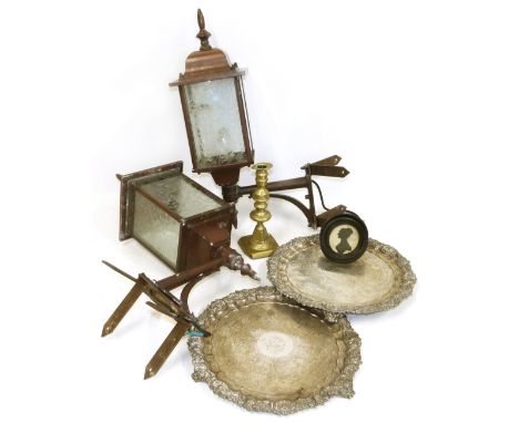 Pair of outside wall lanterns, two EPNS trays, a miniature and brass candlestick. We are unable to do condition reports for t