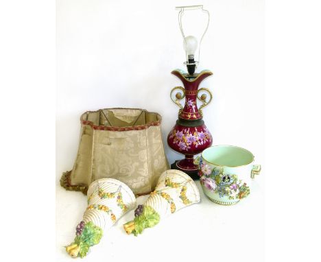 Minton style green two handled flower encrusted jardinière pair continental wall pockets with galvanised liners and 19th cent