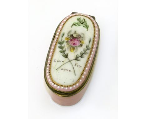 18th century oval Bicston enamel pill box with white mirrored lid, the top inscribed "love for love" We are unable to do cond