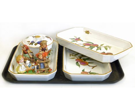 Three Goebel figures, similar figure and a quantity of Royal Worcester "Evesham" ware. We are unable to do condition reports 