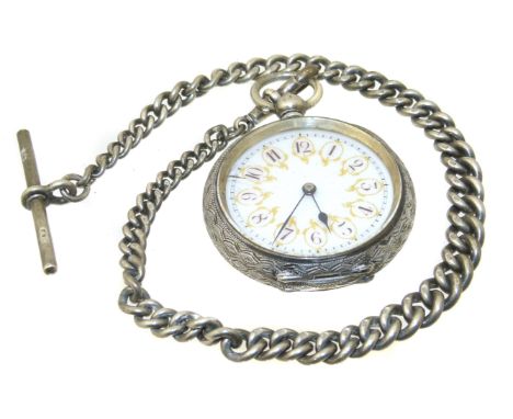A silver open face pocket watch, the circular white enamel dial with Arabic hour markers, gilt enamel detailing and outer min