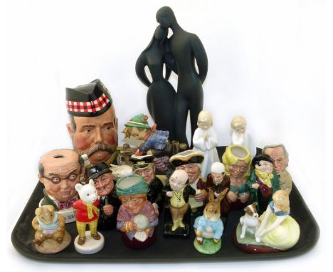 A collection of Royal Doulton figures, character decanters, also a Beswick Old Mr Bouncer, Peter Rabbit and Rupert and a Goeb