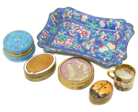Miniature Crown Staffordshire cobalt blue gilt/floral coffee can, scarab beetle, pill box, Victorian enamel pin dish, Dubarry