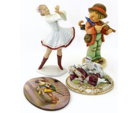 Oval plaque signed Micklewright, two Continental porcelain figures and a Hummel figure We are unable to do condition reports 