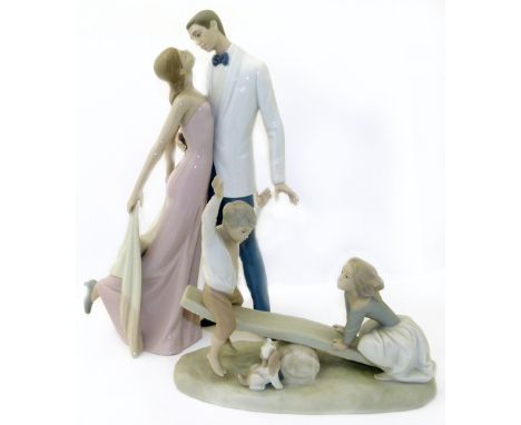 Lladro dancing couple and a Nao figure group We are unable to do condition reports for this sale.