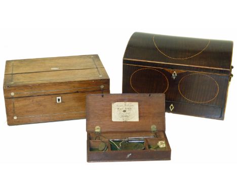 19th century mahogany dome topped box with brass handles and drawers to base, Rosewood Victorian sewing box and sets Thomas W