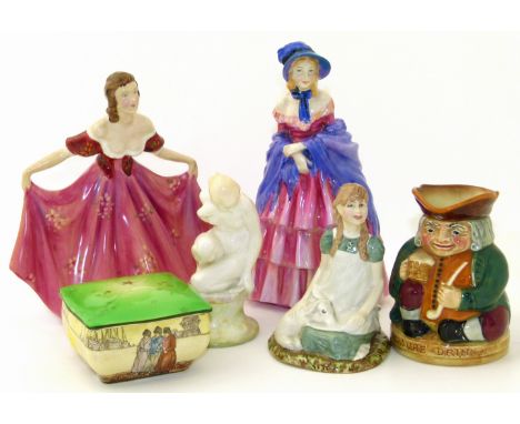 Royal Doulton nude on a rock, Victorian Lady, Heidi, trinket box, Toby jug and a Lawton figure We are unable to do condition 