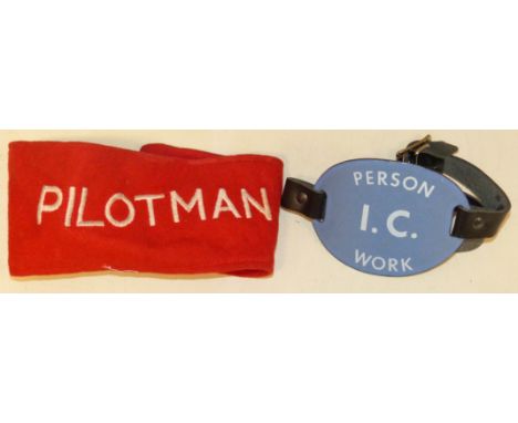 Enamel armband with leather straps, "Pearson I.C work" and B.R cloth Pilotman armband We are unable to do condition reports f