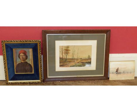 Martin R. Tozer, Fishing boats at sunset, watercolour and W. Gough, figure on a rural lane, watercolour and a framed print (3