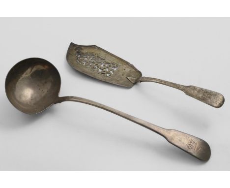 A GEORGE III FIDDLE PATTERN SOUP LADLE initialled and crested, by Messrs. William Eley &amp; William Fearn, London 1814 and a