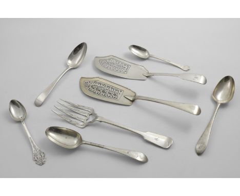 A GEORGE III / IV FIDDLE PATTERN FISH SLICE initialled "M", by William Eley, London 1820, a Victorian fish serving fork, init
