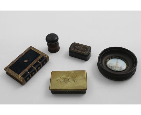 A MIXED LOT:- A papier-mache snuff box, a brass snuff box, initialled, a treen box, a novelty gilt-brass &amp; velvet box res