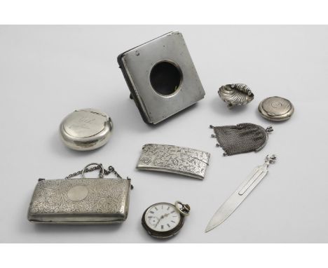 A MIXED LOT:- A George V scroll-engraved purse, a small chain mesh purse, a mounted leather pocket watch case with easel stan