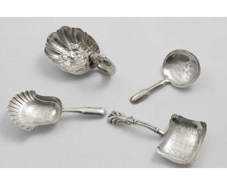 FOUR CADDY SPOONS with hollow stems: a Victorian example with stamped decoration and a crescent-shaped handle, by George Unit