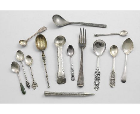 A MIXED LOT:- A silvergilt "Coronation" spoon, a jam spoon, seven other spoons, a coffee spoon with a nephrite-set terminal, 